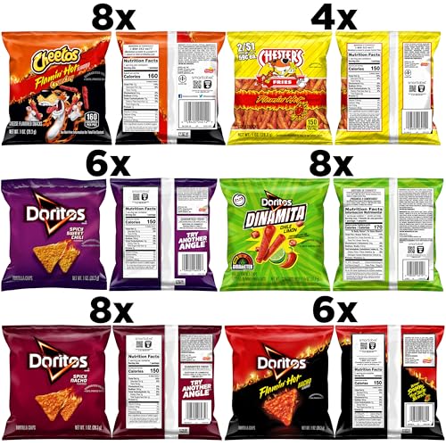 Frito Lay Fiery Combine Selection Pack - Scorching & Spicy Single Serve Snack Luggage (40 Rely) Together with Flamin' Scorching Cheetos, Doritos, and Chester's Scorching Fries